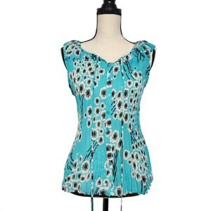 VTG 90's Y2K floral aqua blue accordion ruffle button up blouse women's size L